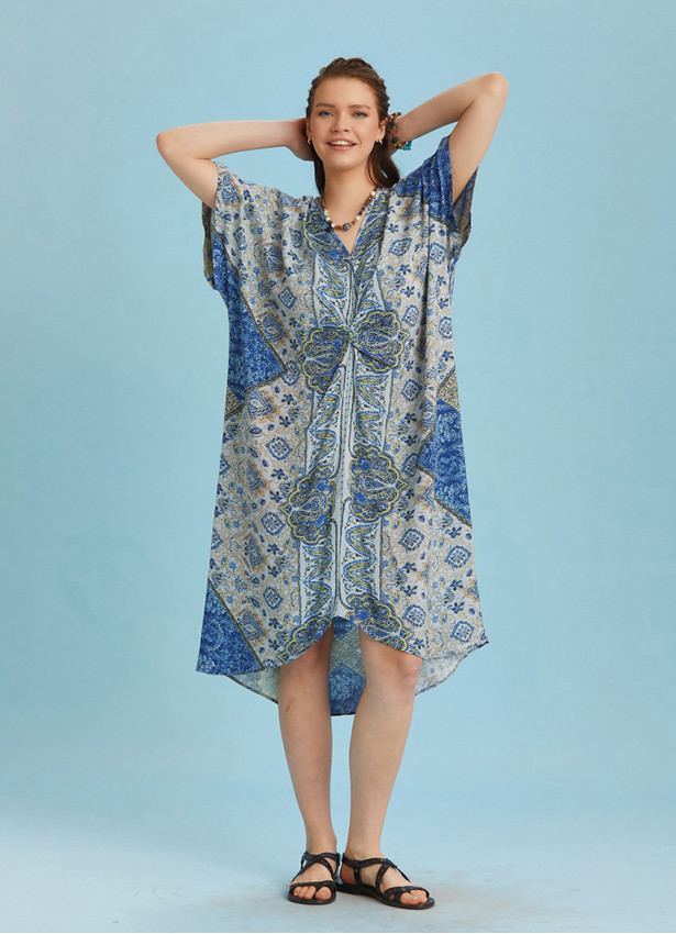 Twist Front Loose Blue Bat Wing Dress