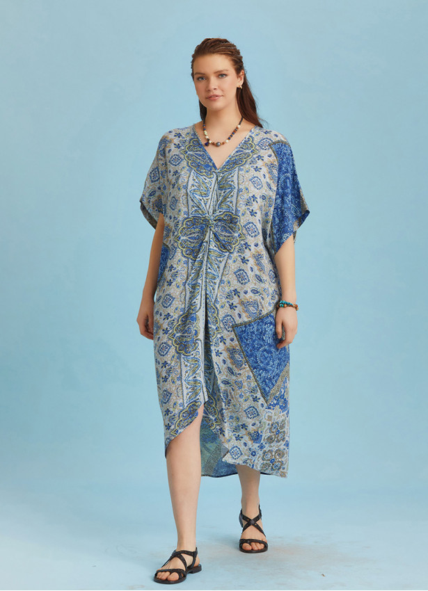Twist Front Loose Blue Bat Wing Dress