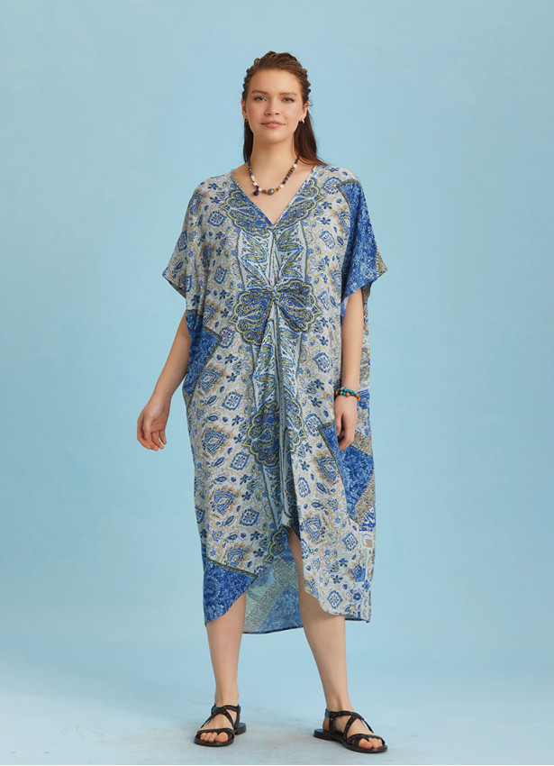 Twist Front Loose Blue Bat Wing Dress