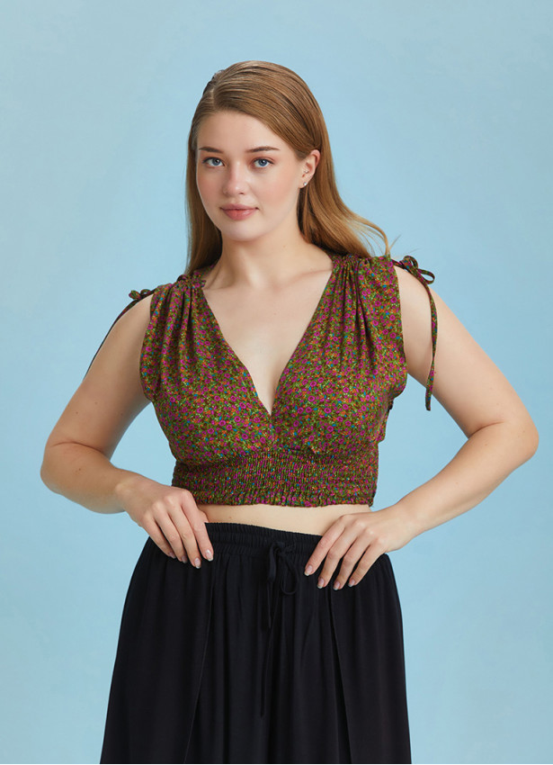 Drawstring Raglan Sleeve Green Print Plus Size Top