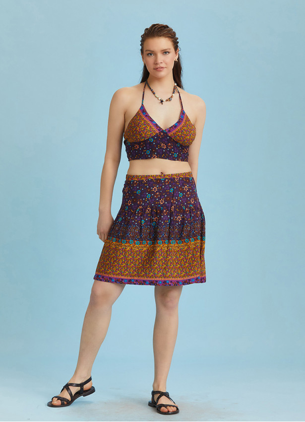 Block Print Elastic Waist Ruffled Hem Pull On Mini Skirt