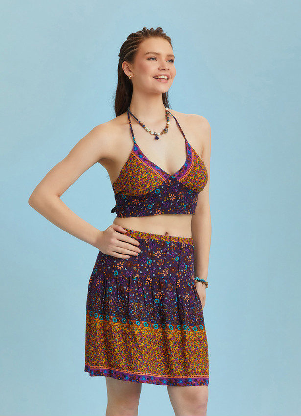 Block Print Elastic Waist Ruffled Hem Pull On Mini Skirt