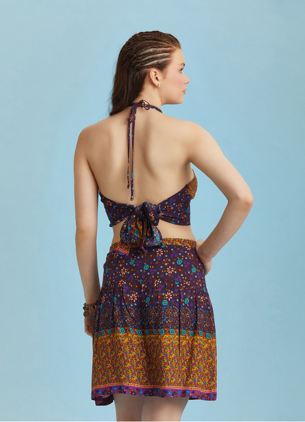 Block Print Elastic Waist Ruffled Hem Pull On Mini Skirt