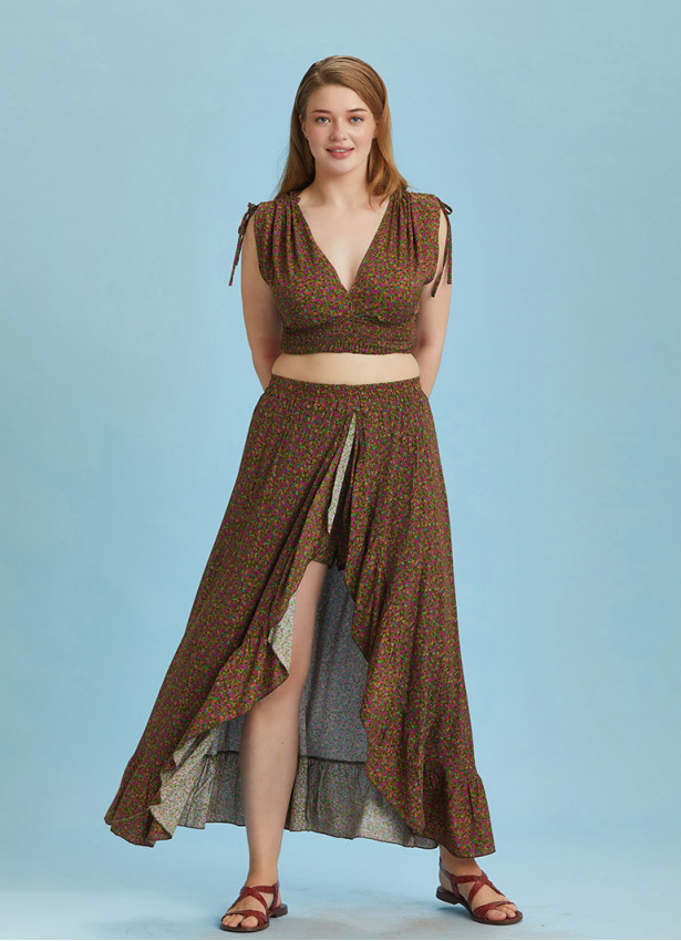 Split Front Frill Hem Print Long Gypsy Plus Size Skirt