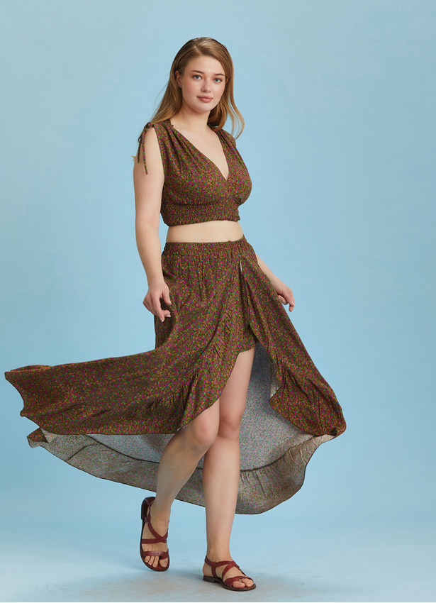 Split Front Frill Hem Print Long Gypsy Plus Size Skirt