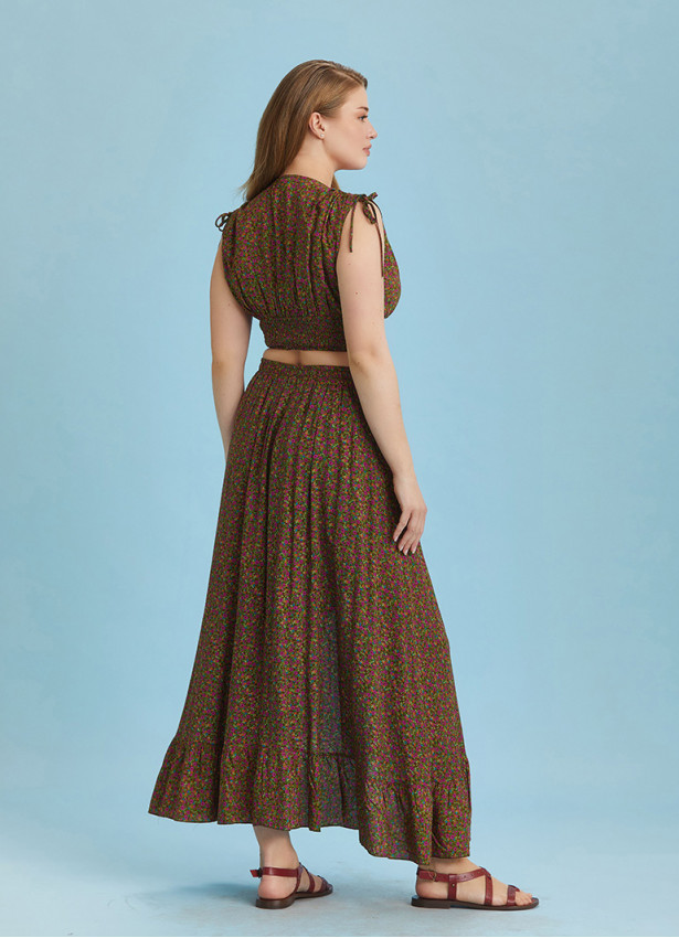 Split Front Frill Hem Print Long Gypsy Plus Size Skirt