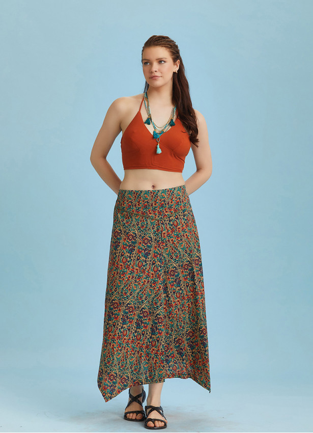 Ethnic Printed Asymmetrical Hem Flared Midi Skirt