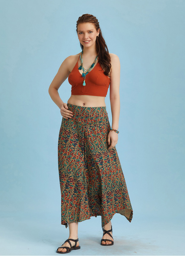Ethnic Printed Asymmetrical Hem Flared Midi Skirt