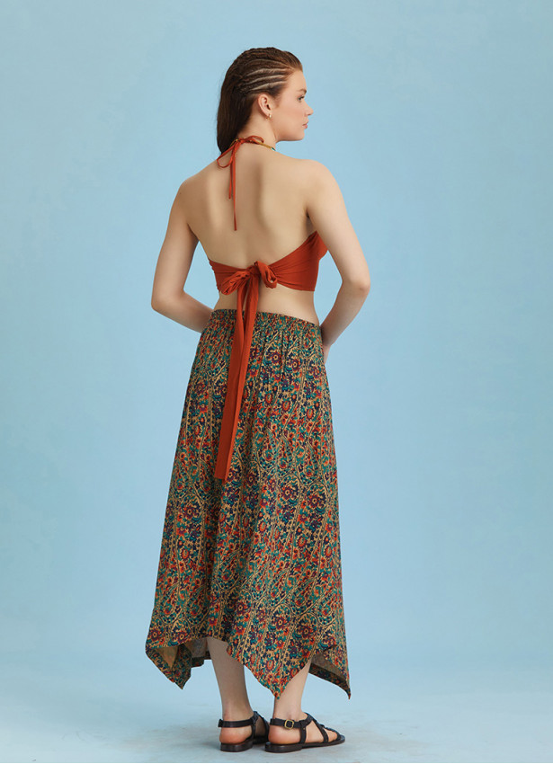 Ethnic Printed Asymmetrical Hem Flared Midi Skirt