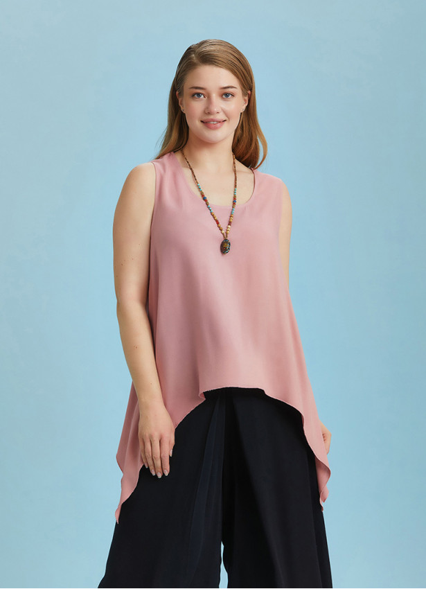 Loose Fit Side Slits Boat Neck Pink Plus Size Top