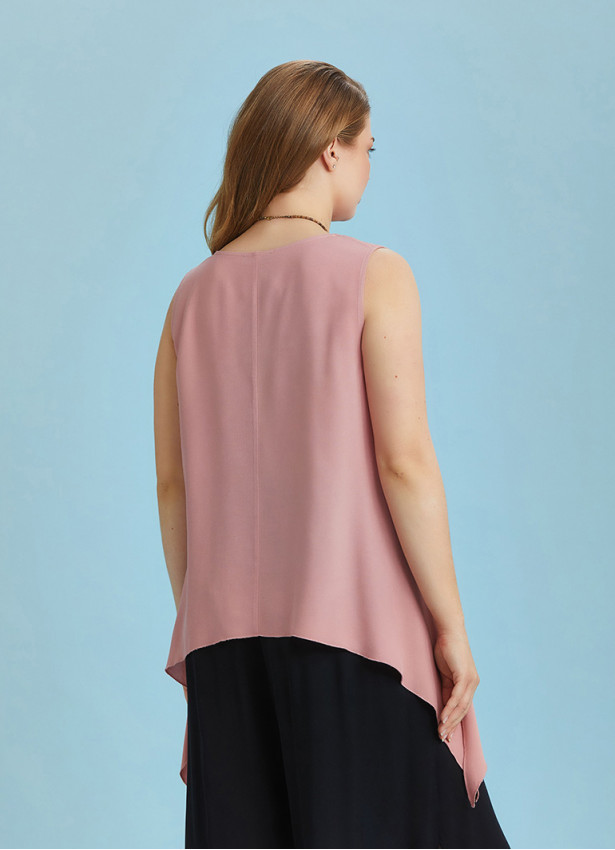 Loose Fit Side Slits Boat Neck Pink Plus Size Top