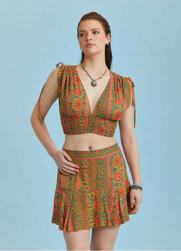 Boho Chic Style Orange Print Ruffled Mini Skort