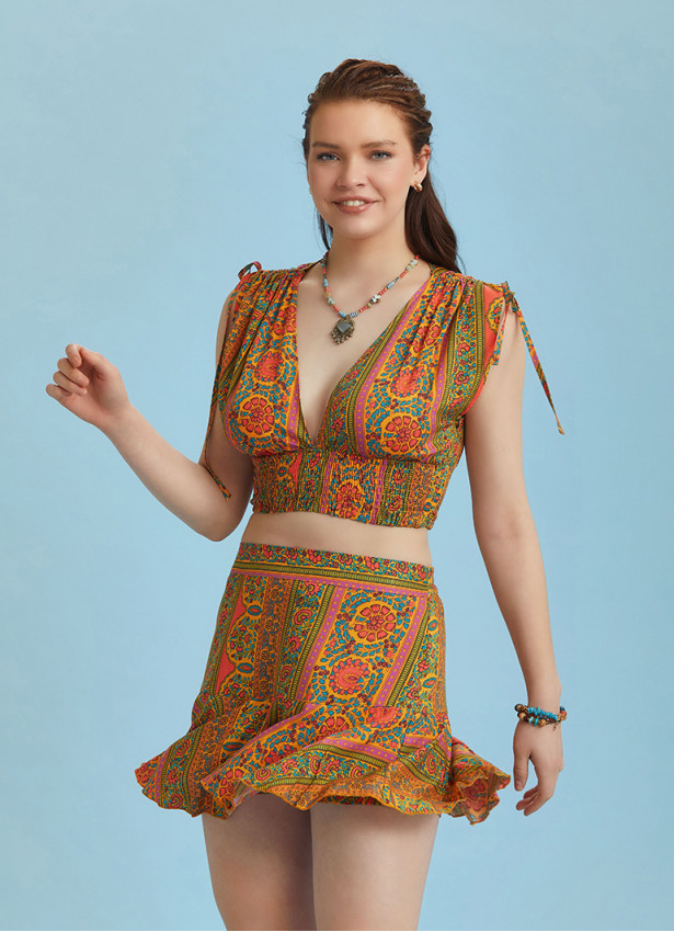 Boho Chic Style Orange Print Ruffled Mini Skort