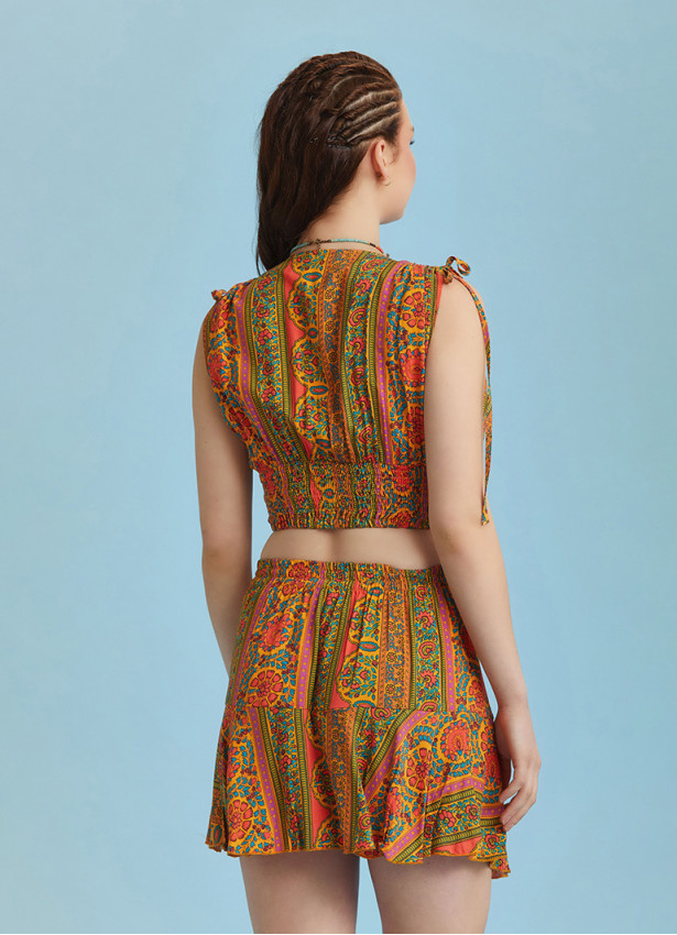 Boho Chic Style Orange Print Ruffled Mini Skort