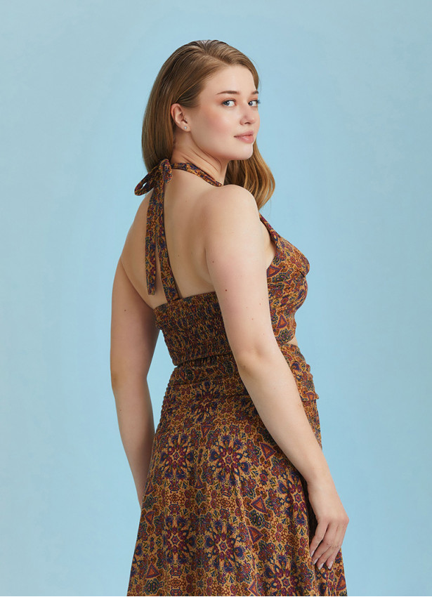 Boho Chic Shirred Back Tie Neck Halter Paterned Crop Plus Size Top