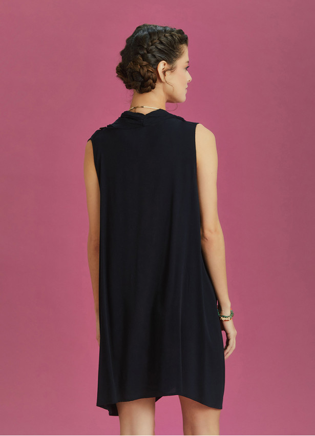 Loose Fit Wrap Front Cowl Neck Black Tunic Dress