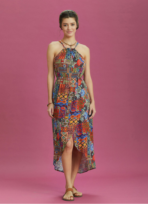 Ethnic Patterned Halter Neck Summer Dress