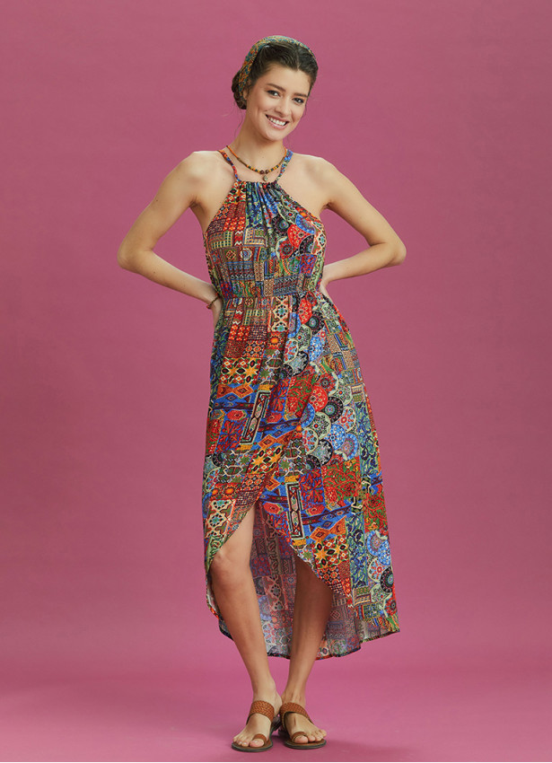Ethnic Patterned Halter Neck Summer Dress