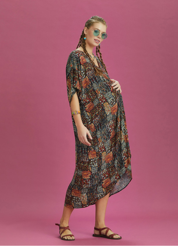 Twist Front Loose Khaki Bat Wing Maternity Dress