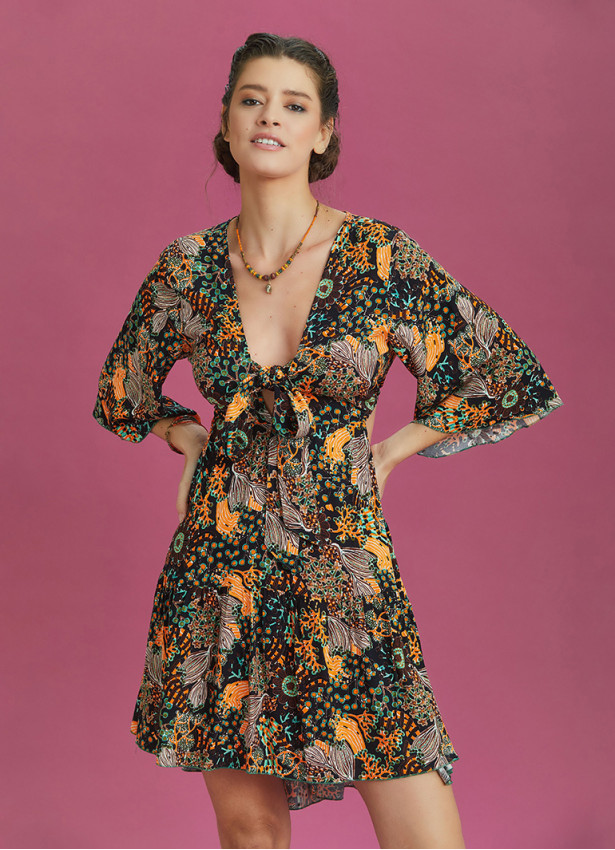 Frill Hem Tie Front Black Print Short Summer Dress