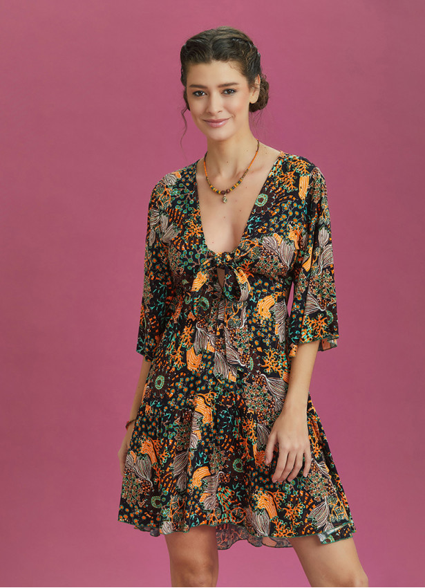 Frill Hem Tie Front Black Print Short Summer Dress