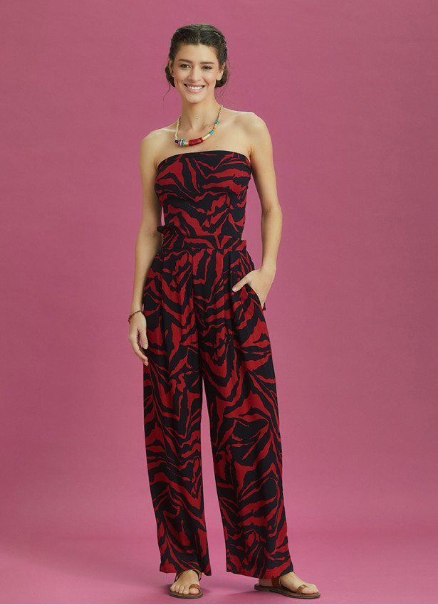 Red Print Wide Leg Strapless Overall