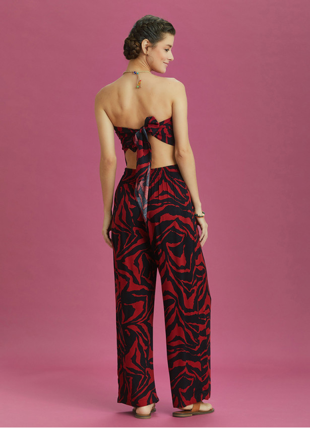 Red Print Wide Leg Strapless Overall