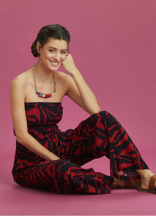 Red Print Wide Leg Strapless Overall