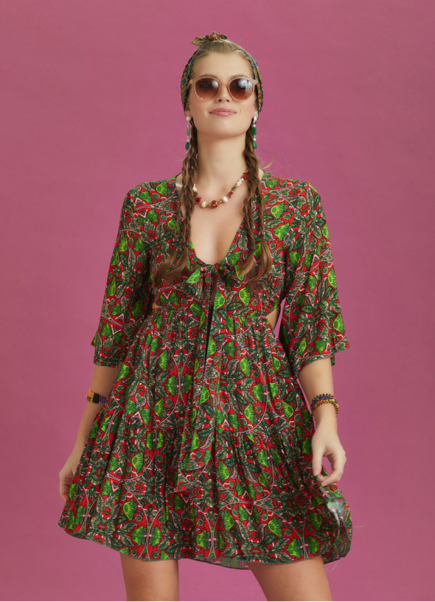 Frill Hem Tie Front Green Print Short Summer Dress