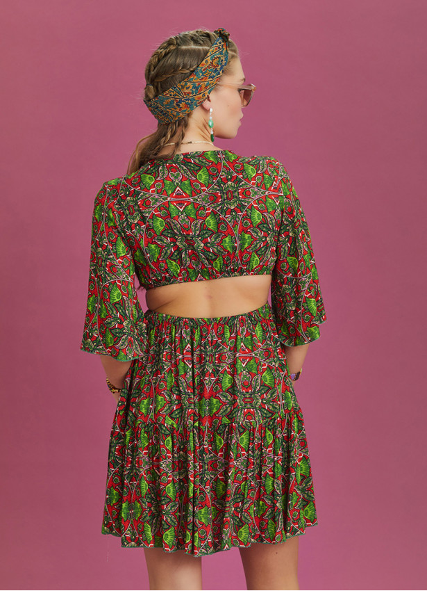 Frill Hem Tie Front Green Print Short Summer Dress