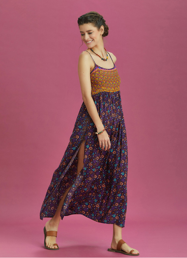 Strappy Button Back Orange Floral Slit Dress