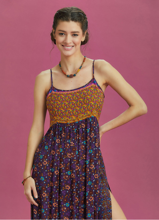 Strappy Button Back Orange Floral Slit Dress