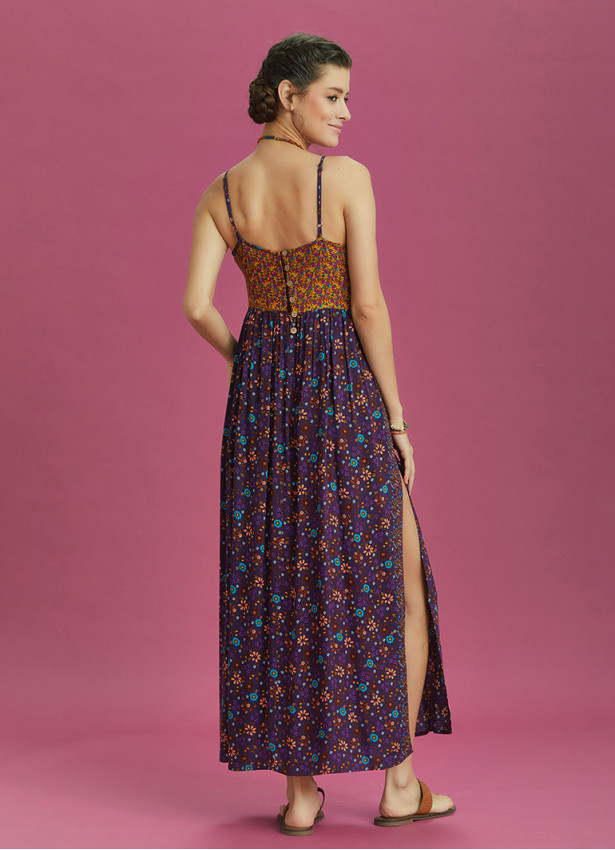 Strappy Button Back Orange Floral Slit Dress