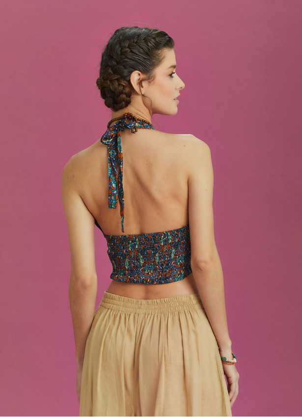 Shirred Neck Halter Paterned Crop Top