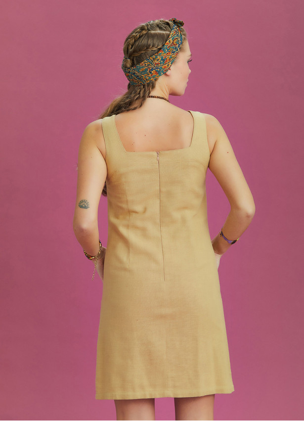 Square Neck Front Pocket Strappy Mustard Dress