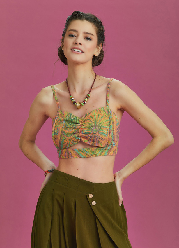 Cut Out Front Detail Cotton Print Bralette Top