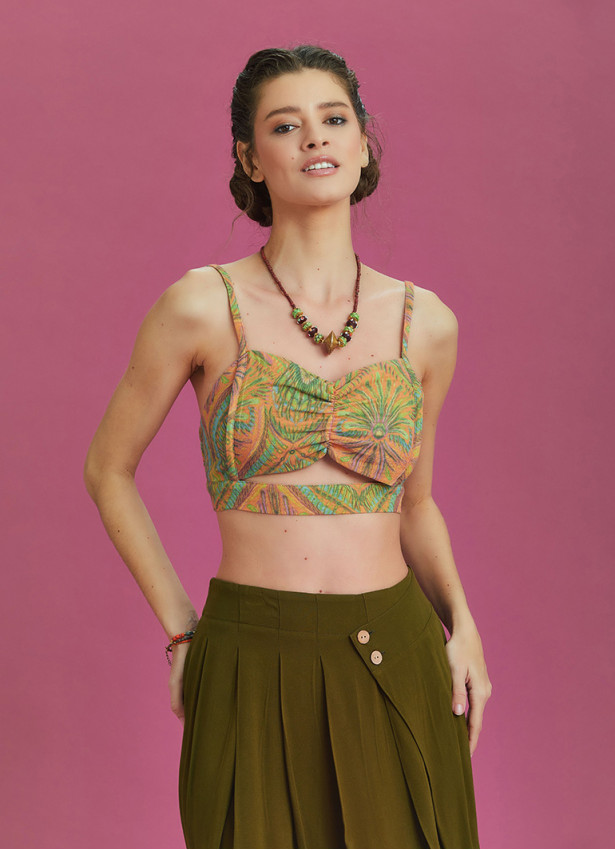 Cut Out Front Detail Cotton Print Bralette Top