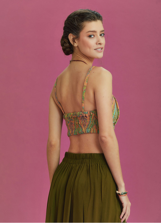 Cut Out Front Detail Cotton Print Bralette Top