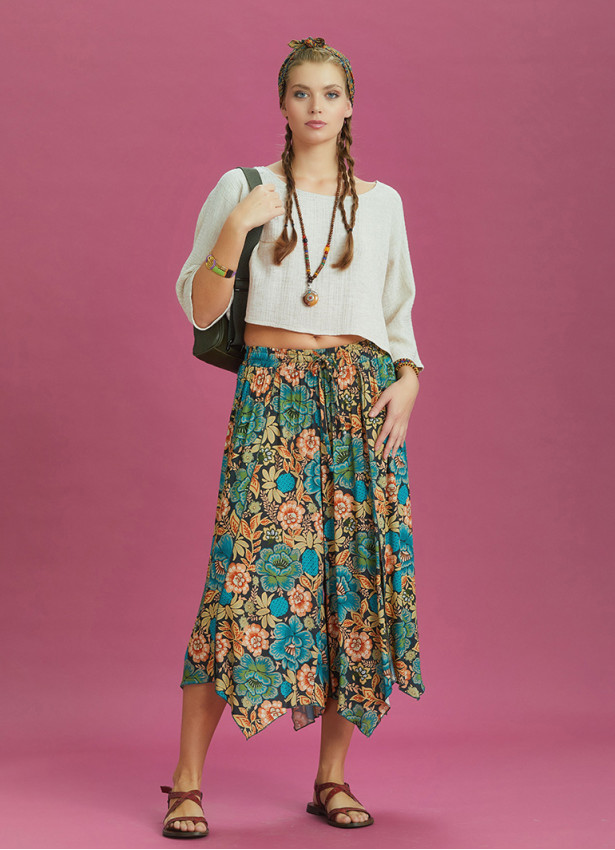 Loose Fit Split Front Floral Printed Hippie Pants