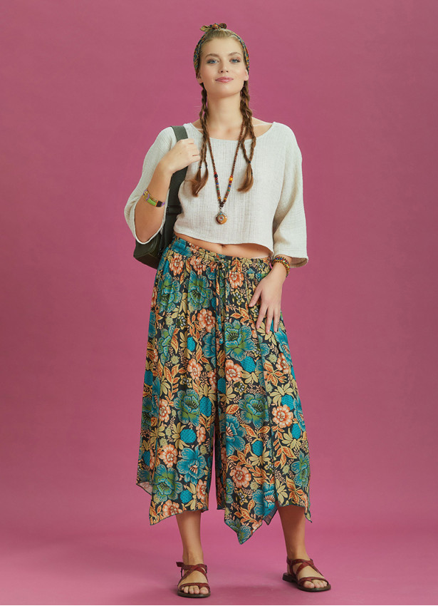 Loose Fit Split Front Floral Printed Hippie Pants