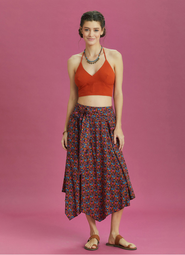 Orange Patterned Tie Waist Loose Midi Flared Skirt