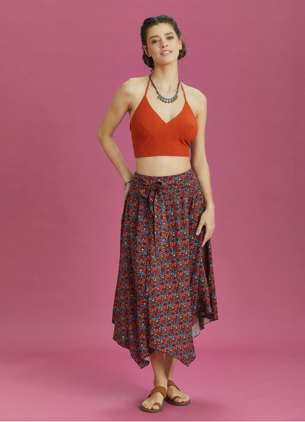 Orange Patterned Tie Waist Loose Midi Flared Skirt