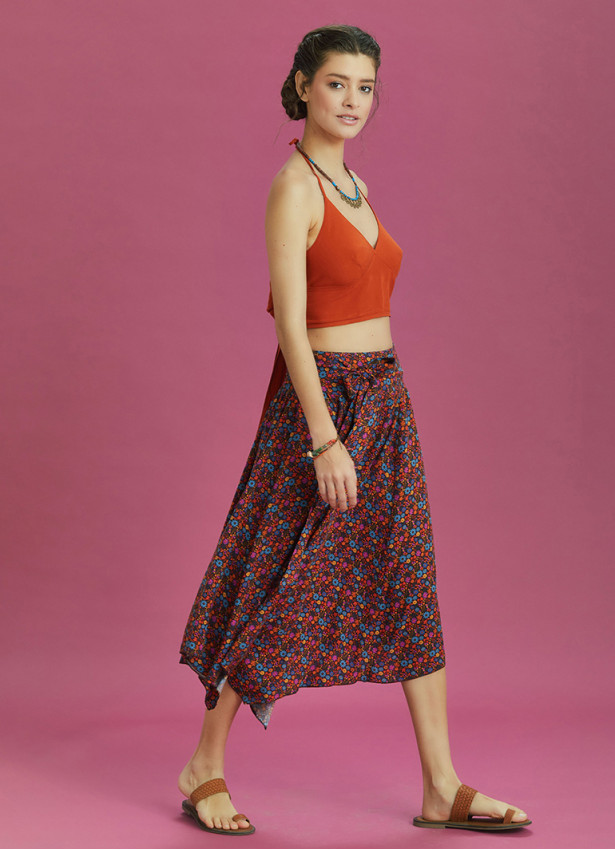 Orange Patterned Tie Waist Loose Midi Flared Skirt