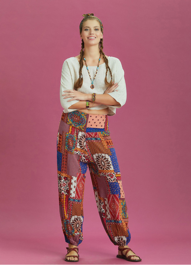 Blue Patterned Elastic Waist and Hem Mid Rise Harem Pants