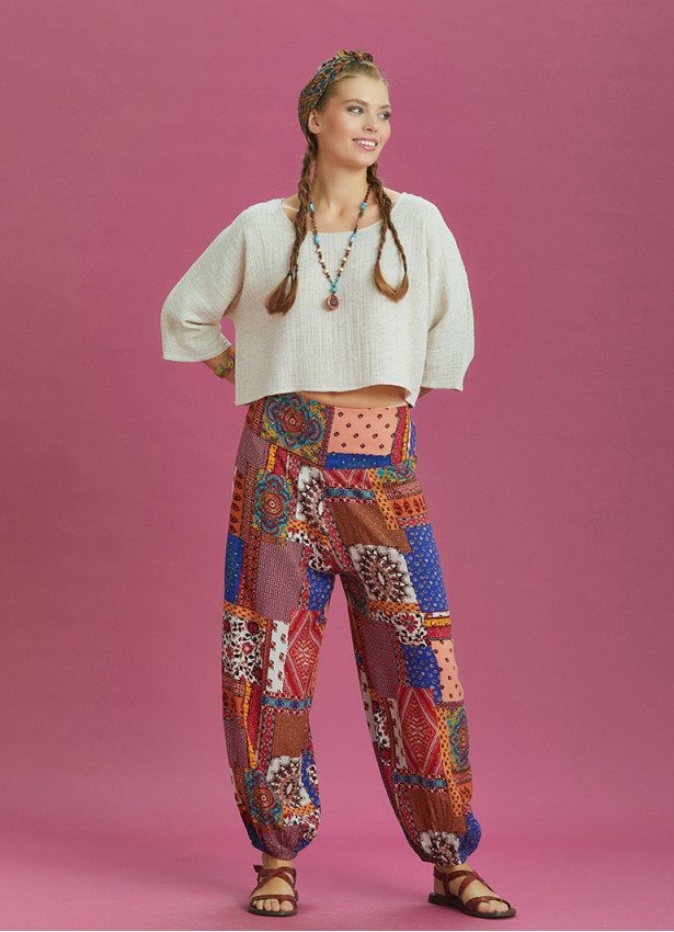 Blue Patterned Elastic Waist and Hem Mid Rise Harem Pants