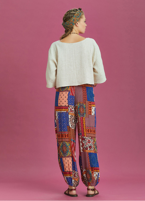 Blue Patterned Elastic Waist and Hem Mid Rise Harem Pants