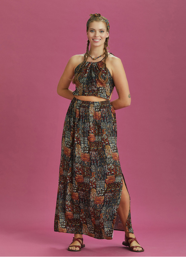 Open Back Halter Neck Khaki Printed Slit Sundress