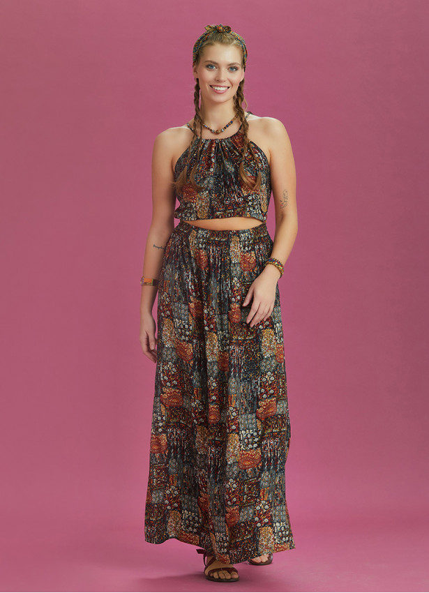 Open Back Halter Neck Khaki Printed Slit Sundress