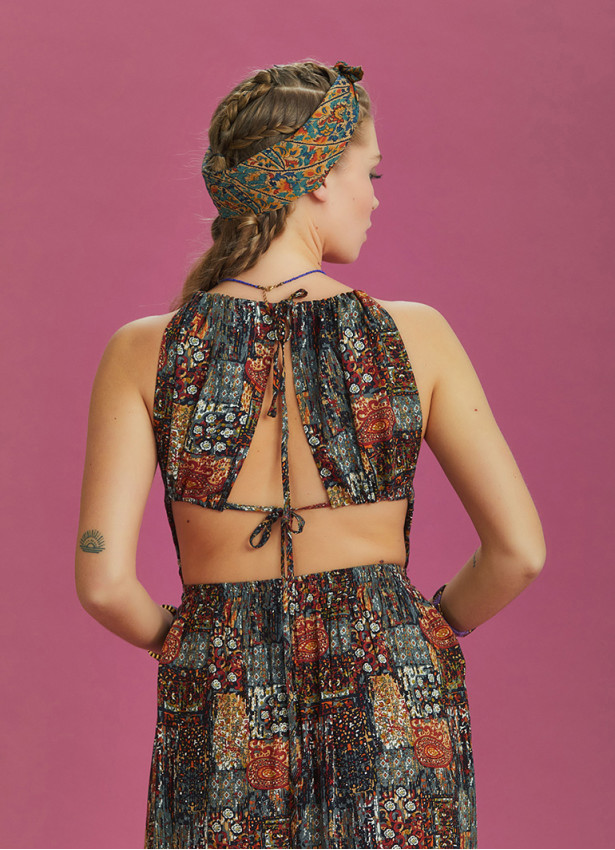 Open Back Halter Neck Khaki Printed Slit Sundress