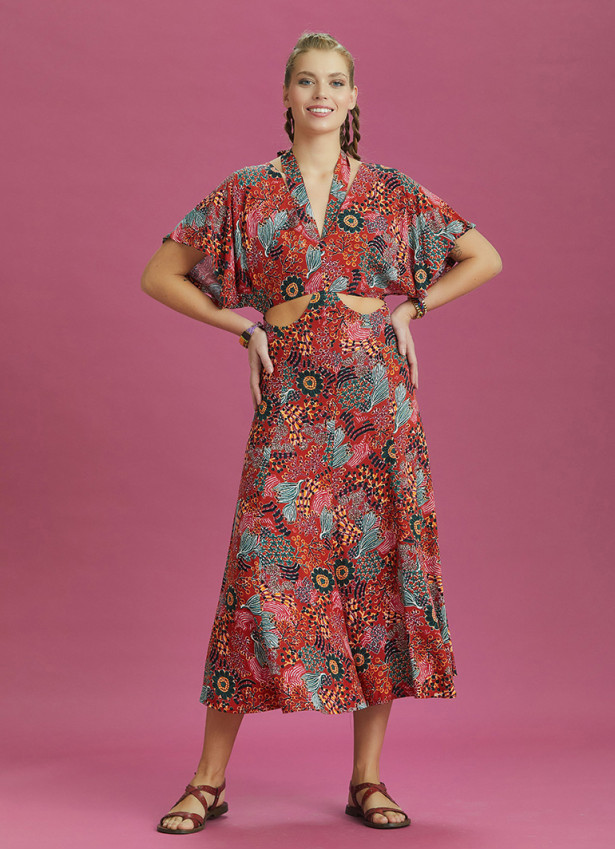 Boho Chic Style Red Printed Cut Out Dress